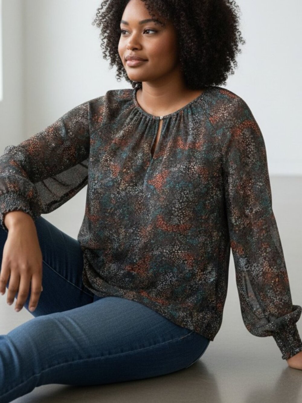 Ava & Viv sheer black floral blouse Womens 1X cottage core feminine loose